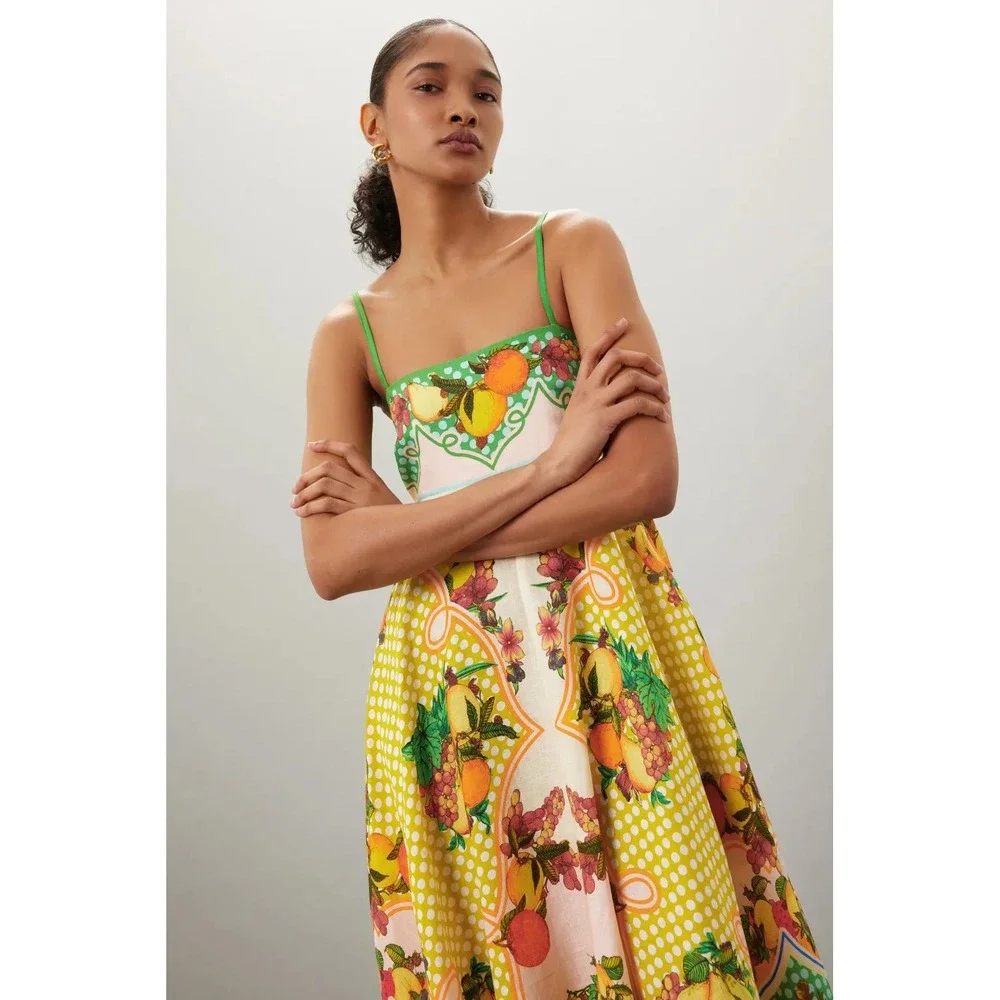 ALÉMAIS Alemais Lemonis Sundress Citrus Print Linen Midi Dress Size 12 - Picture 11 of 12